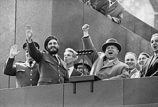 Nikita khrushchev and fidel castro during the reception in red square in moscow, 1961.