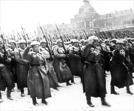 Traditional military parade on the red square in moscow on november 7, 1941, after that parade the troops marched straight to the battle front.