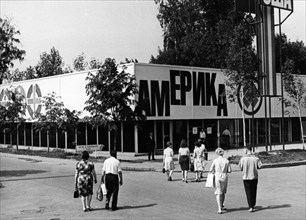 The usa pavilion of the international 'inprodmash '67' exhibition in moscow, ussr which showcased american companies, may 1967.
