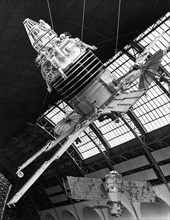The molniya 1 telecommunications satellite - a new installation at the cosmos pavillion of the ussr economic achievements exhibition in moscow (vdnkh), may 1970.