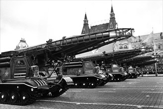 Tractors bearing scud a (ss1b) medium range tactical missiles in a november 7th military parade in red square in honor of the 51st anniversary of the great october revolution, moscow, ussr, 1968.