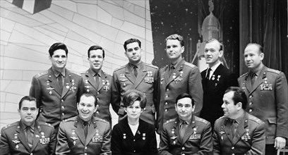 Soviet cosmonauts: a, nikolayev, p, belyaev, v, tereshkova, v, bykovskiy, p, popovich, (l to r), front row), 2nd row: b, volynov, e, khrunov, georgi beregovoy, v, shatalov, a, eliseev, a, leonov, janu...