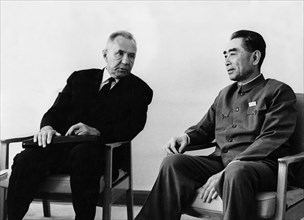 Chairman of the ussr council of ministers a,n, kosygin meeting with the premier of the people's republic of china state council zhou enlai in peking (beijing), china on september 11, 1969, the meeting...
