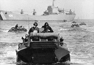 Warsaw pact maneuvers, poland, joint training of ussr, czechoslovakian, gdr, and polish troops, soviet naval infantry landing with btr-60's, october 1969.