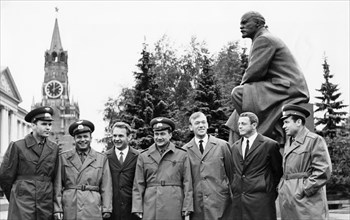 The crews of the soyuz 6, soyuz 7 and soyuz 8 missions on the grounds of the kremlin, september 1969, from left to right: vladimir shatalov, viktor gorbatko, valery kubasov, anatoly filipchenko, alexe...