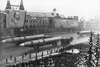 Nato-designated scrag (liquid fueled 3 stage icbm) ballistic missiles during a military parade in red square, moscow, ussr, november 7, 1969.