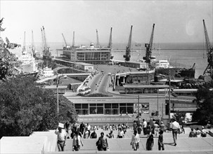 A view down the potemkin steps of the seaport in odessa, ukrainian ssr, 1970.