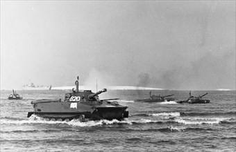 Northern fleet, okean 1970, tank landing forces of the marines coming into shore, june 3, 1970.
