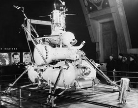 Luna 16 lunar lander on exhibit at the cosmos pavillion of the ussr economic achievements exhibition in moscow, november 1970.