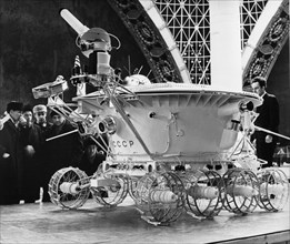 Model of soviet moon rover, lunokhod 1 on display in the cosmos pavillion of ussr economic achievements exhibition, moscow, c, 1970-71.