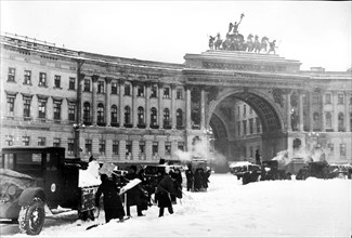 Leningrad's residents cleaning the the snow on uritski square in the days of the blockade.