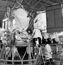 Soviet space probe venera 13 being worked on in the assembly and testing shop, 1981.