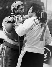 Alexander ragulin (left) of the soviet ice hockey team face to face with phil esposito of the canadian team during a game at the central lenin stadium in moscow, ussr, september 26, 1972.