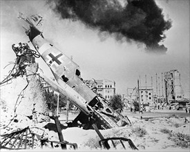 World war 2, battle of stalingrad, 1942: general devastation and the wreck of a crashed nazi plane in the center of stalingrad during the battle for the city.