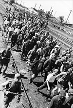 World war 2, far eastern front, a column of japanese pows of the kwantung army (guandong army) being led by red army soldiers, 1945.