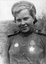 World war 2, senior sergeant sniper serafima vasina in may 1944 just after being presented the order of gloryof the 3rd degree by general chernyakhovsky.