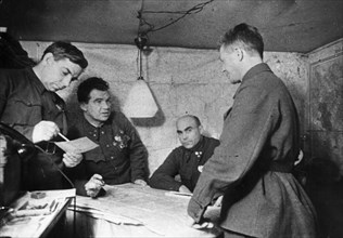 World war 2, battle of stalingrad, (left to right) staff chief major general n, krylov, commander of the 62nd army v,i, chuikov, lt, general k, gurov, and a,i, rodimtsev, december 1942.