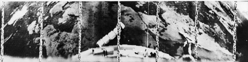 Picture of the surface of venus transmitted by the soviet space probe venera 10, the density meter, lying on the surface on the right, is indicated by the arrow, 1975.