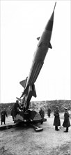 Red bannered bakinsky district of anti-aircraft defense, soviet sa-2 (sam-2) surface-to-air missile during military exercises, 1978.