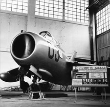 Soviet mig-15 uti (nato reporting name 'midget') two-seat trainer on display in a soviet aviation museum, 1977, ussr.