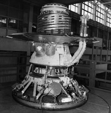 Descent module of soviet venus probes venera 11 and venera 12 in assembly and testing area, ussr, 1978.