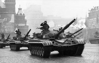 Soviet t-72 tanks make their public debut during a november 7th military parade in red square in 1977, in honor of the 60th anniversary of the great october revolution.
