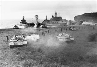 Soviet tank-supported marines during landing maneuvers, september 1986.