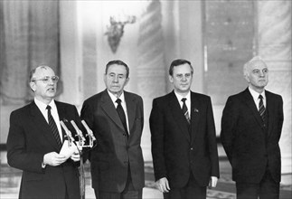 Kremlin, moscow, ussr, december 27, 1985, m,s, gorbachev, general secretary of the cpsu central committee; a,a, gromyko, politburo member of the cpsu cc and chairman of the presidium of the ussr supre...