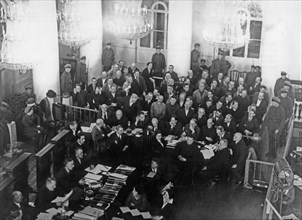 Shakhtinsky trial, the accused, mining engineers and technicians in shakhtinsky and other districts in the donets coal basin, and judges during the trial in the column hall of the house of soviets in ...