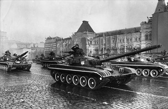 November 7, 1980, soviet t-72 tanks during a military parade in red square celebrating the 63rd anniversary of the great october socialist revolution, moscow, ussr.