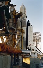 Soviet space shuttle buran with the energia carrier rocket on the launch pad at baikonur in kazakhstan, ussr, 1988.