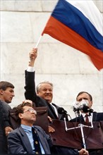 Moscow, august 22,1991: boris yeltsyn during the rally held near the house of soviets of russia devoted to the failing of the coup attempt in the soviet union and the victory of democratic forces in t...