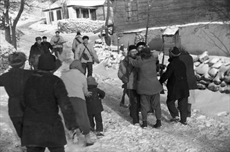 Smolensk region, dorogobuzh, people welcome guerillas who liberated the city from germany, february 1942.