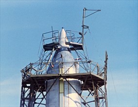 Kazakh ssr, the baikonur cosmodrome, the third sputnik is pictured on the launch pad, may 15, 1958.
