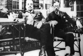 Choreographer and russian theater, dance, and art impresario, sergei diaghilev with composerigor stravinsky, whose ballets were staged by diaghilev's company during the 'russian seasons', september 19...