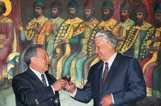 Russia, moscow, president of russia boris yeltsin and president of kazakhstan nursultan nazarbaev are pictured after signing the documents, march 29, 1994.