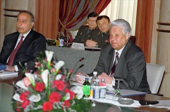 Kazakhstan, the cis summit took place in alma ata, president of russia boris yeltsin and president of azerbaijan gaydar aliyev (l) are pictured at the meeting, 1995.