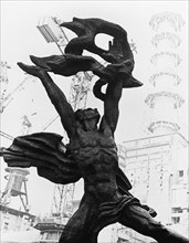 Pripyat, ukrainian ssr, ussr, the monument 'taming of the fire', by architect l, olovyannikov, devoted to the builders of the chernobyl nuclear power plant, june 1, 1982.