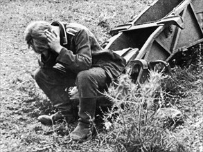 An exhausted nazi gunner taken prisoner in the battle at the kursk bulge which crippled hitler's army who never recovered, summer 1943.