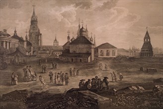 This engraving by d,lamint called 'a view of spassky gate' is one of the exhibits of 'moscow through centuries' exhibition that opened at 'small manege' exhibition hall earlier this month, the show mo...