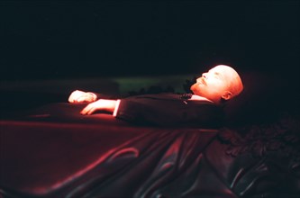 The body of vladimir lenin in the mausoleum on red square which will be closed to the public untill april 5 because of prophylactic works, scientists of the laboratory of biological structures have be...