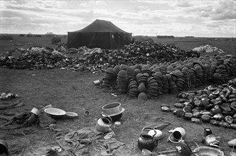 Belongings and equipment, thrown by the japanese army, after they were beaten in the khalkhin-gol area, mongolia, during an armed conflict in 1939, on may 11, military provocations of japan against mo...