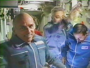 Moscow, russia, april 30, 2001, (r-l) commander talgat musabayev, flight engineer yuri baturin and first space tourist u,s, national dennis tito have passed into the international space station on mon...