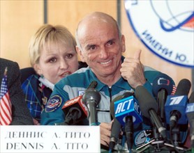 Moscow region, russia, may 8, 2001, the world's first space tourist, american businessman dennis tito (in pic), expressing his emotional appraisal of his space flight, during the first post-flight new...