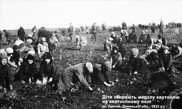 Children collect frozen potatoes in the collective farm's field, 1933' is on view at the exhibition 'declassified memory' in kiev, where documents from the archives of the ukrainian security service o...