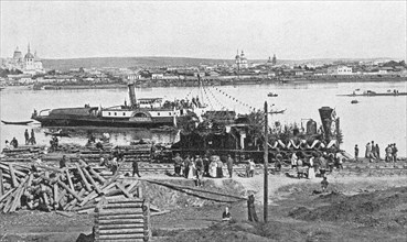Trans-siberian railway under construction, early 20th century (1900?) on the angara river bank.