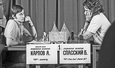 Ussr, latvian ssr, riga, spartakiad of peoples of the ussr, anatoly karpov and boris spassky (l-r) during chess match, july 10, 1975.