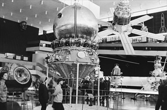 Kaluga, the picture shows visitors in the rocket hall of the state museum of cosmonautics' history.