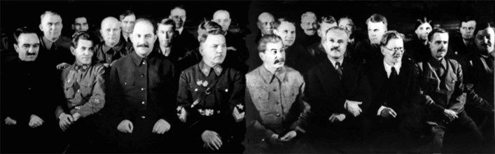 (l/r):  ussr 1938: a,i,mikoyan, n,i,yekhov, l,m, kaganovich, k,e, voroshilov, i,v,stalin, v,m, molotov, m,i, kalinin, a,a, andreev, a,a, zhdanov are among the delegates of the first session  of the su...