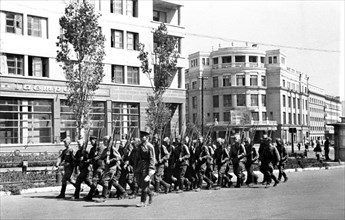 World war 2, stalingrad, ussr, a red army unit marching in downtown stalingrad a few days before the start of the battle of stalingrad, 1942.